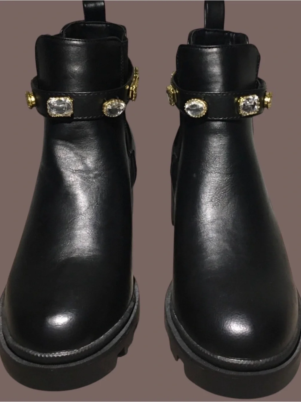 Nicole Miller Black Chelsea Ankle Boots Rhinestone Strap Block Heel Lug Sole 6